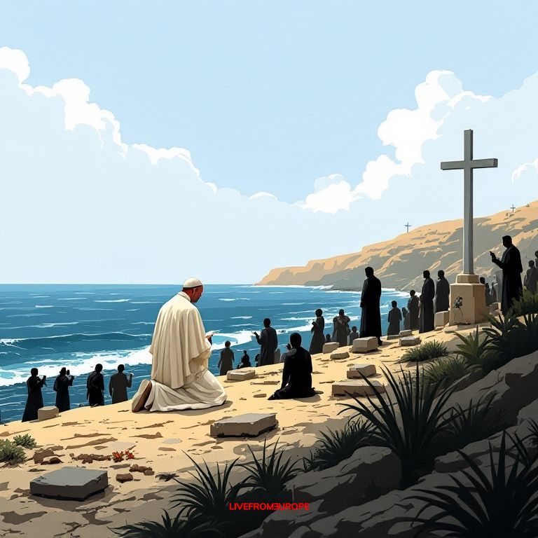 Pope Leo XIV kneels in prayer at Lampedusa cemetery marking U.S. independence anniversary